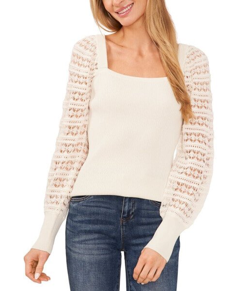 Women's Square Neck Sheer Crochet Sleeve Sweater