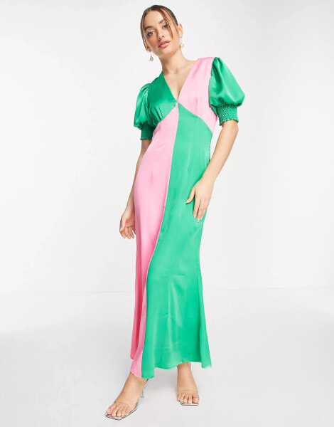 Never Fully Dressed contrast puff sleeve maxi dress in colour block