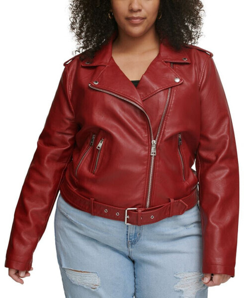 Plus Size Faux Leather Belted Motorcycle Jacket