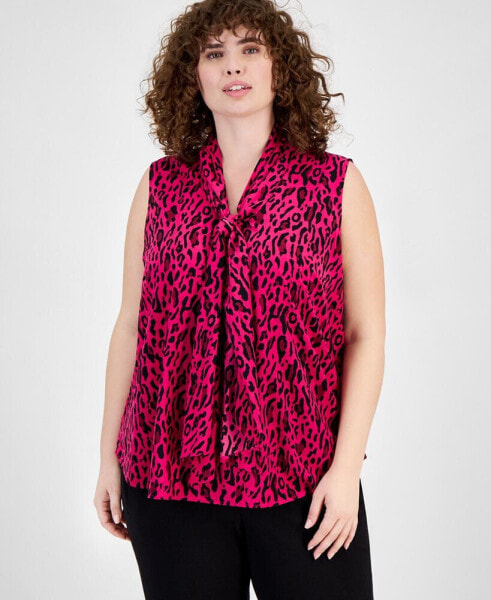 Plus Size Animal-Print Tie-Neck Sleeveless Top, Created for Macy's