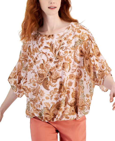 Women's Printed Poncho-Sleeve Necklace Top, Created for Macy's