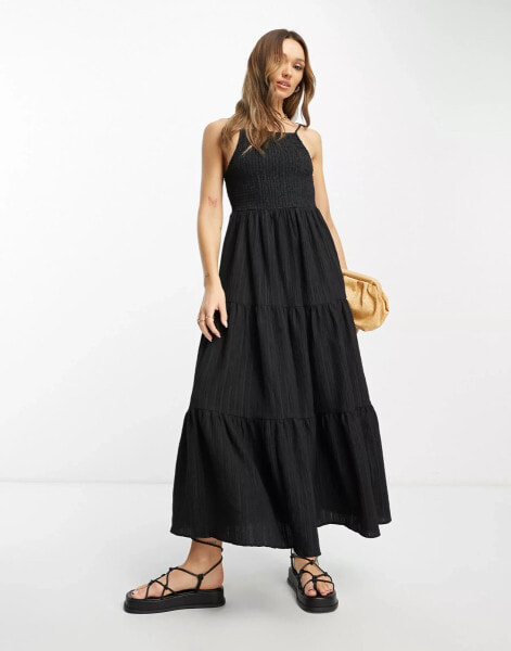 ASOS DESIGN square neck shirred maxi sundress in black