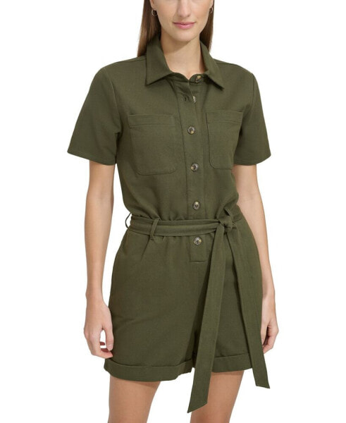 Women's Button-Front Tie-Waist Twill Romper