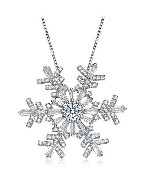 Sterling Silver White Gold Plated Clear Cubic Zirconia Accent Snowflake Pendant Necklace