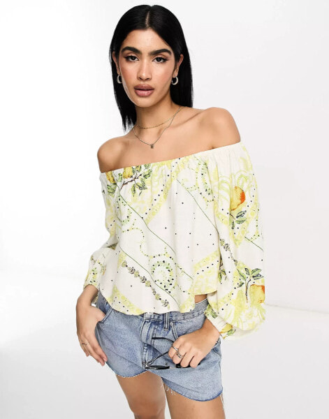 ASOS DESIGN linen off shoulder festival top in mixed fruit print