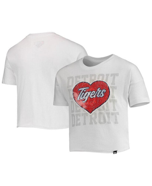 Big Girls White Detroit Tigers Flip Sequin Heart Crop Top