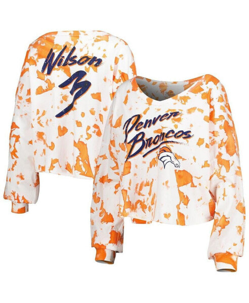 Women's Threads Russell Wilson White, Orange Denver Broncos Off-Shoulder Tie-Dye Name and Number Cropped Long Sleeve V-Neck T-shirt