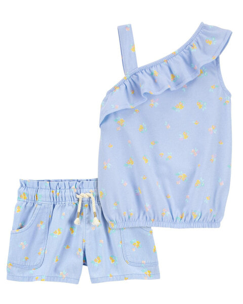Baby 2-Piece Floral Print Asymmetrical Top & Paperbag Twill Shorts Set 12M