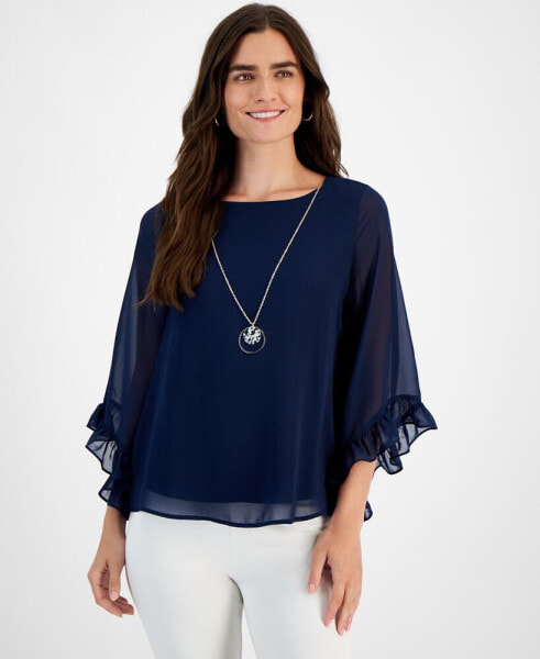 Petite Ruffled 3/4-Sleeve Necklace Top, Created for Macy's