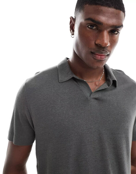 Abercrombie & Fitch slub linen open collar polo in grey