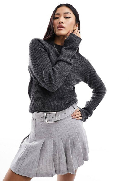 Pieces high neck ribbed jumper in charcoal