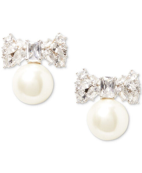 Silver-Tone Cubic Zirconia Bow & Imitation Pearl Statement Stud Earrings