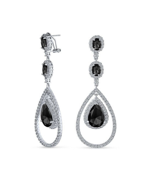 Art Deco Style Black Cubic Zirconia Double Halo Large Teardrop CZ Statement Dangle Chandelier Earrings For Women Party