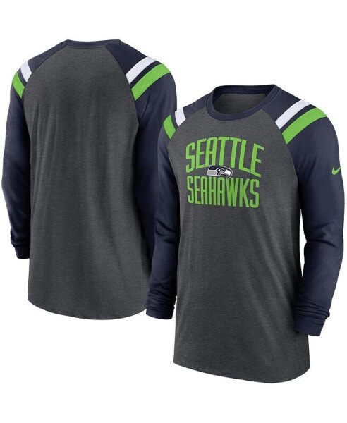 Men's Heathered Charcoal, College Navy Seattle Seahawks Tri-Blend Raglan Athletic Long Sleeve Fashion T-shirt