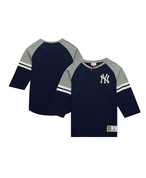 Men's Navy New York Yankees Cooperstown Collection Legendary Raglan Slub Henley 3/4-Sleeve T-Shirt