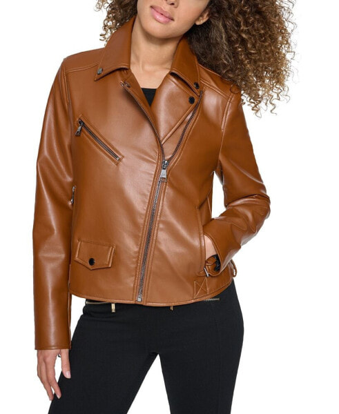 Petite Faux-Leather Asymmetric Moto Coat, Created for Macy's