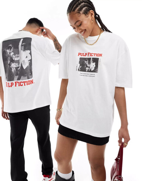 ASOS DESIGN unisex oversized license t-shirt with Pulp Fiction graphic prints in white