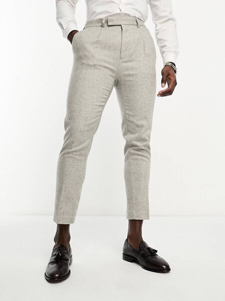 ASOS DESIGN wedding tapered wool mix smart trousers in tweed ice grey