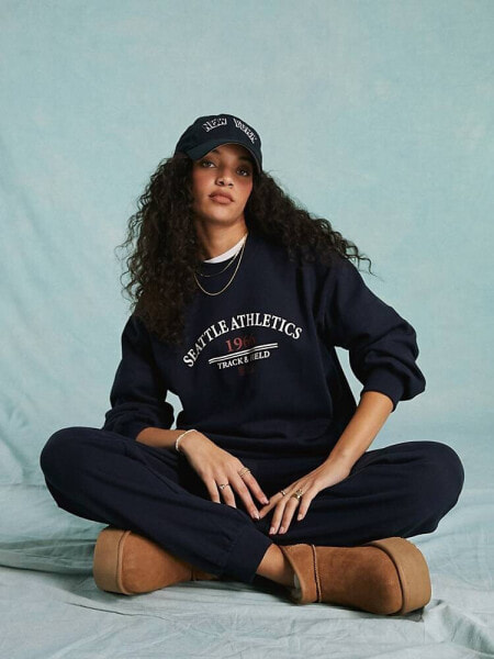 Miss Selfridge oversized Seattle graphic print sweatshirt co-ord in navy