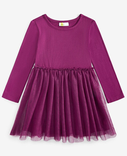 Toddler Girls Long-Sleeve Ribbed Glitter-Tulle Dress, Created for Macy's