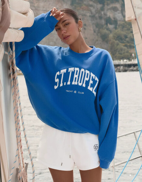 4th & Reckless X Luana Barron Ines St.Tropez slogan sweatshirt in blue