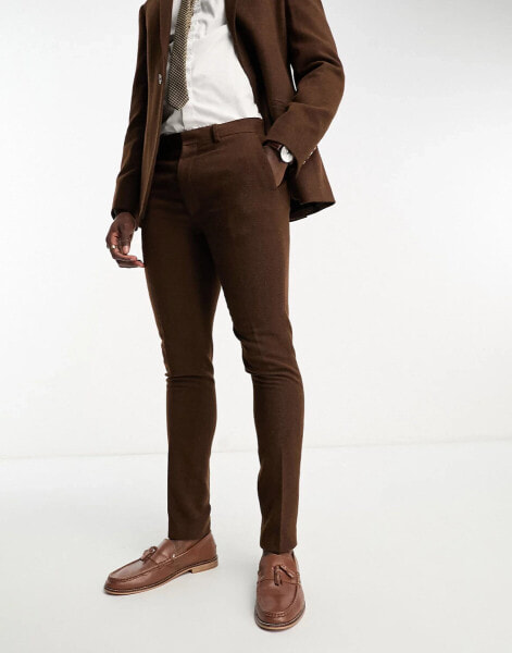 ASOS DESIGN skinny wool mix suit trousers in herringbone in brown