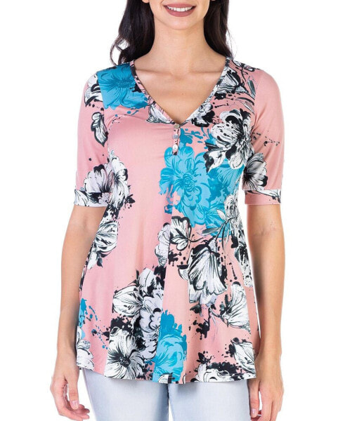 Women's Floral Elbow Sleeve Casual V-Neck Henley Tunic Top