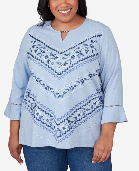 Plus Size Scottsdale Floral Chevron Beaded Split Neck Top