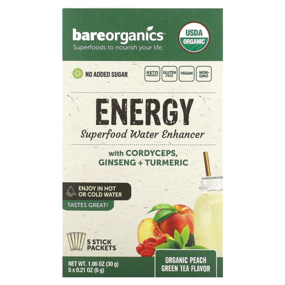 Витаминно-минеральный напиток BareOrganics Органический зеленый чай с персиком, улучшающий воду, для сохранения молодости и долголетия, 5 пакетиков по 6 г каждый