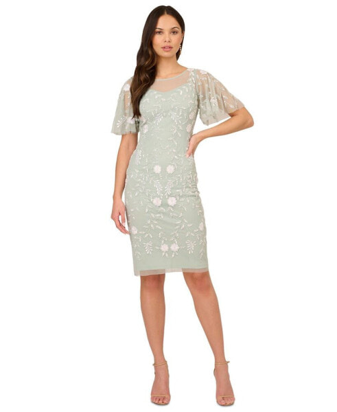 Embellished Flutter-Sleeve Sheath Dress