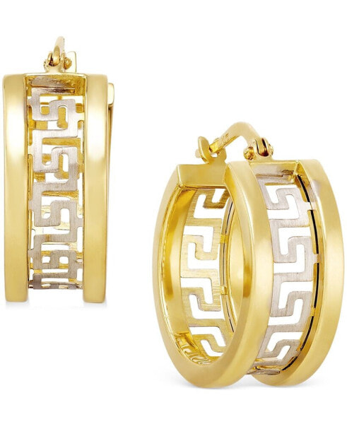 Two-Tone Greek Key Hoop Earrings in 14k Gold