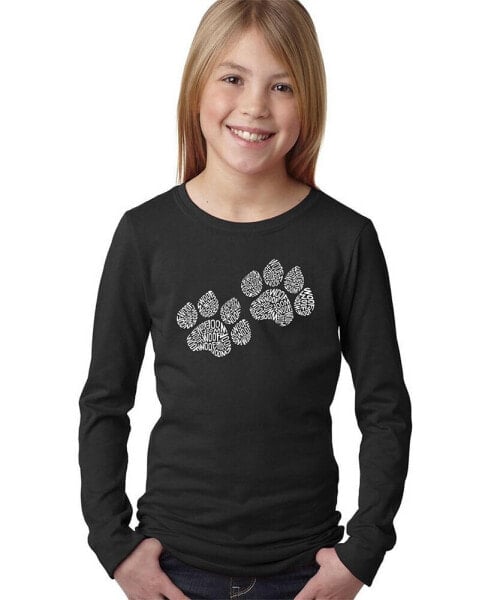 Big Girl's Word Art Long Sleeve T-Shirt - Woof Paw Prints