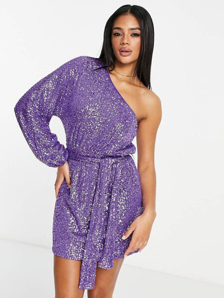 Collective the Label exclusive one sleeve tie waist sequin mini dress in purple