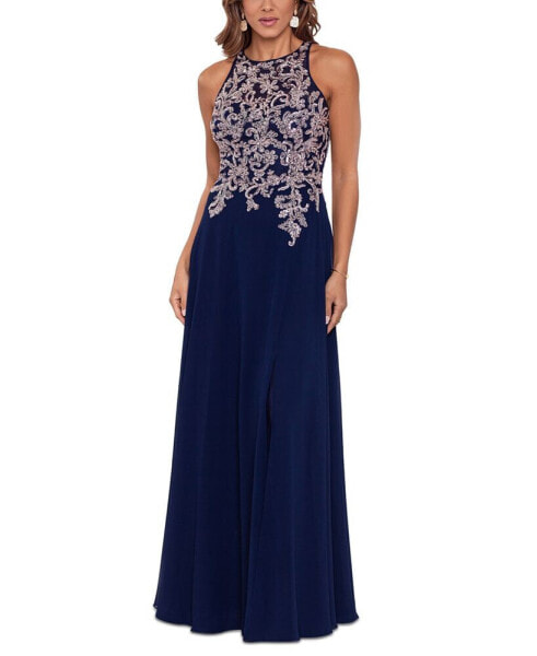 Embellished-Bodice Chiffon Gown