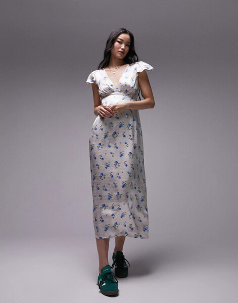 Topshop v neck printed midi dress in blue ditsy floral