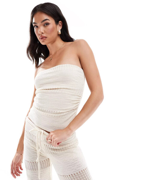 Pull&Bear cutwork textured bandeau top co-ord in ecru