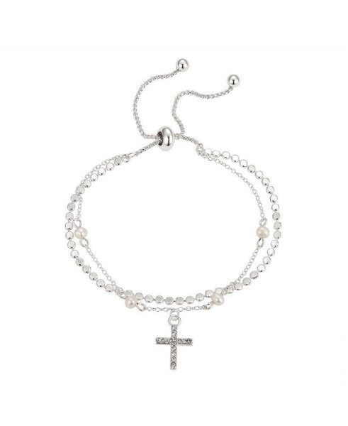 Fine Silver Plated Crystal Cross and Genuine Pearl Double Strand Bolo Bracelet