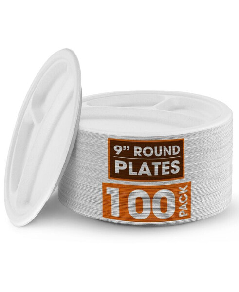 9 Inch Compartment Paper Plates, 100 Pack