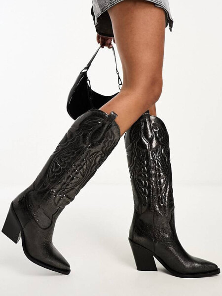 Bronx New Kole western knee boots in gunmetal leather