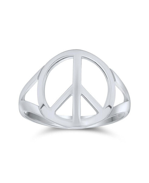 Open Symbol World Peace Sign Ring For Teen For Women .925 Sterling Silver Spilt Shank Band