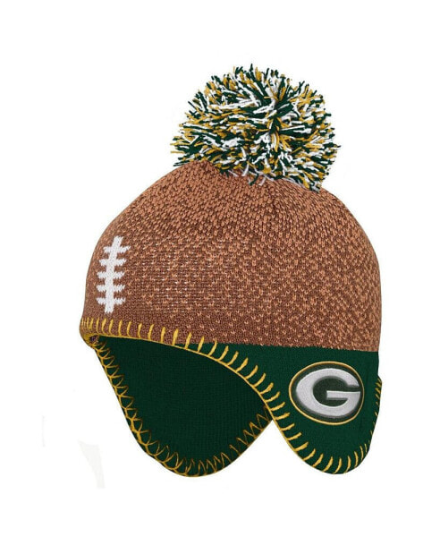 Infant Boys and Girls Brown Green Bay Packers Football Head Knit Hat with Pom