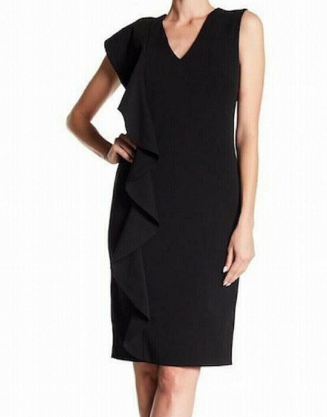 Calvin Klein 154259 Women's Ruffled V-Neck Sheath Dress Black Sz. 12