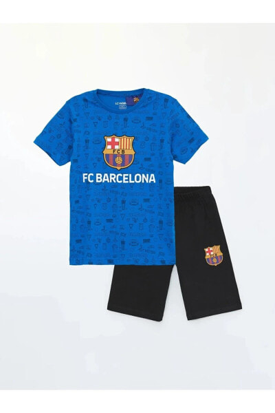 LCW Kids Bisiklet Yaka Barcelona Baskılı Erkek Çocuk Şortlu Pijama Takımı