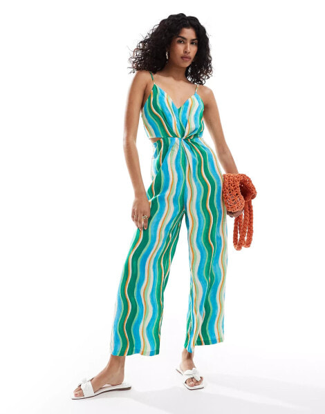 Mango stripe cami wide leg jumpsuit in green