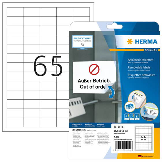 HERMA Removable labels A4 38.1x21.2 mm white Movables/removable paper matt 1625 pcs. - White - Self-adhesive printer label - A4 - Paper - Laser/Inkjet - Removable