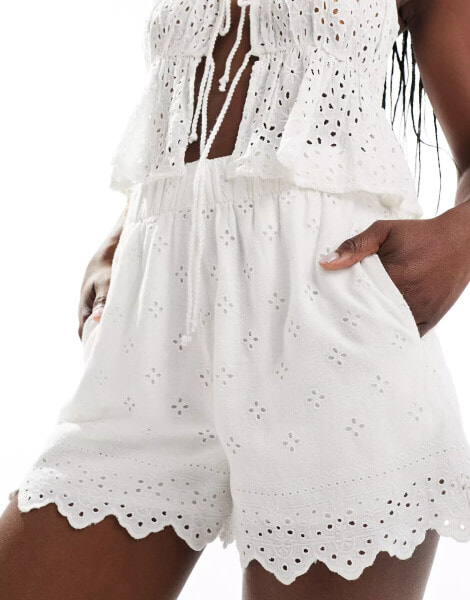 Abercrombie & Fitch linen blend shorts in white with eyelet detailing