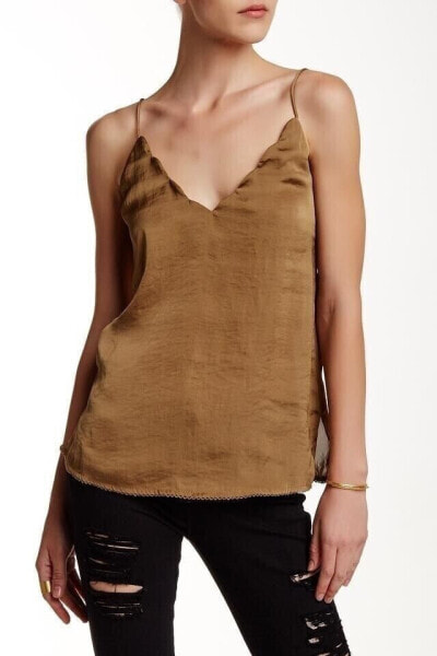 Free People 123753 Womens Scallop Satin Fatigue Olive Camisole Top Size Small