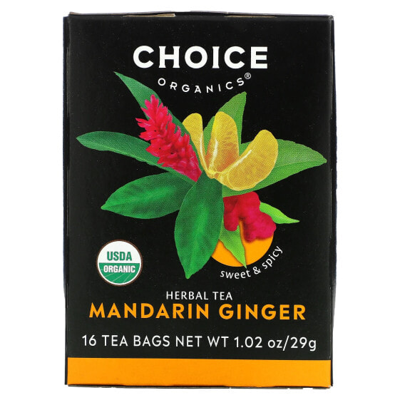Травяной чай Мандарин и Имбирь без кофеина, 16 пакетиков по 1.02 унции (29 г) от Choice Organic Teas