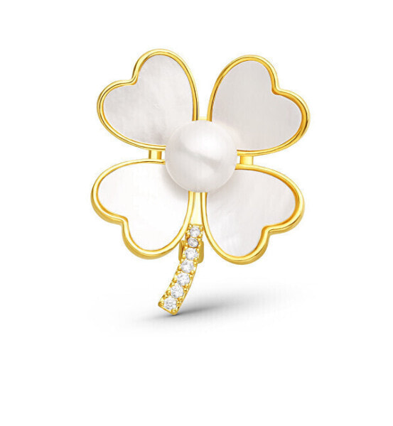 Pearl gilded 2-in-1 quatrefoil brooch with crystals and mother-of-pearl JL0839