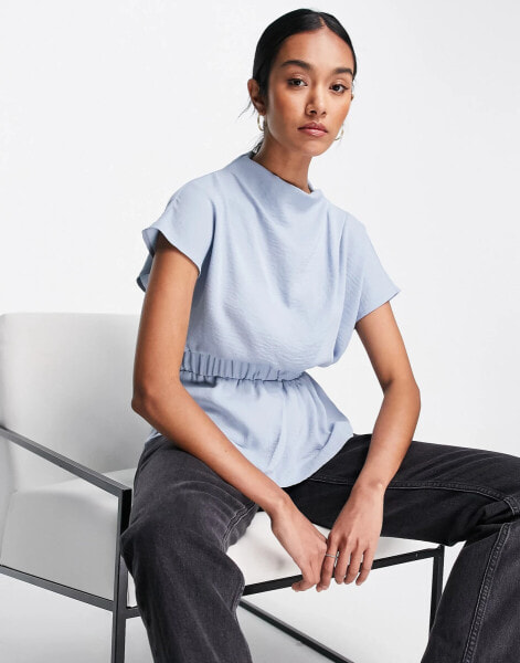 ASOS DESIGN drape high neck top with elastic waist and peplum hem in smokey blue